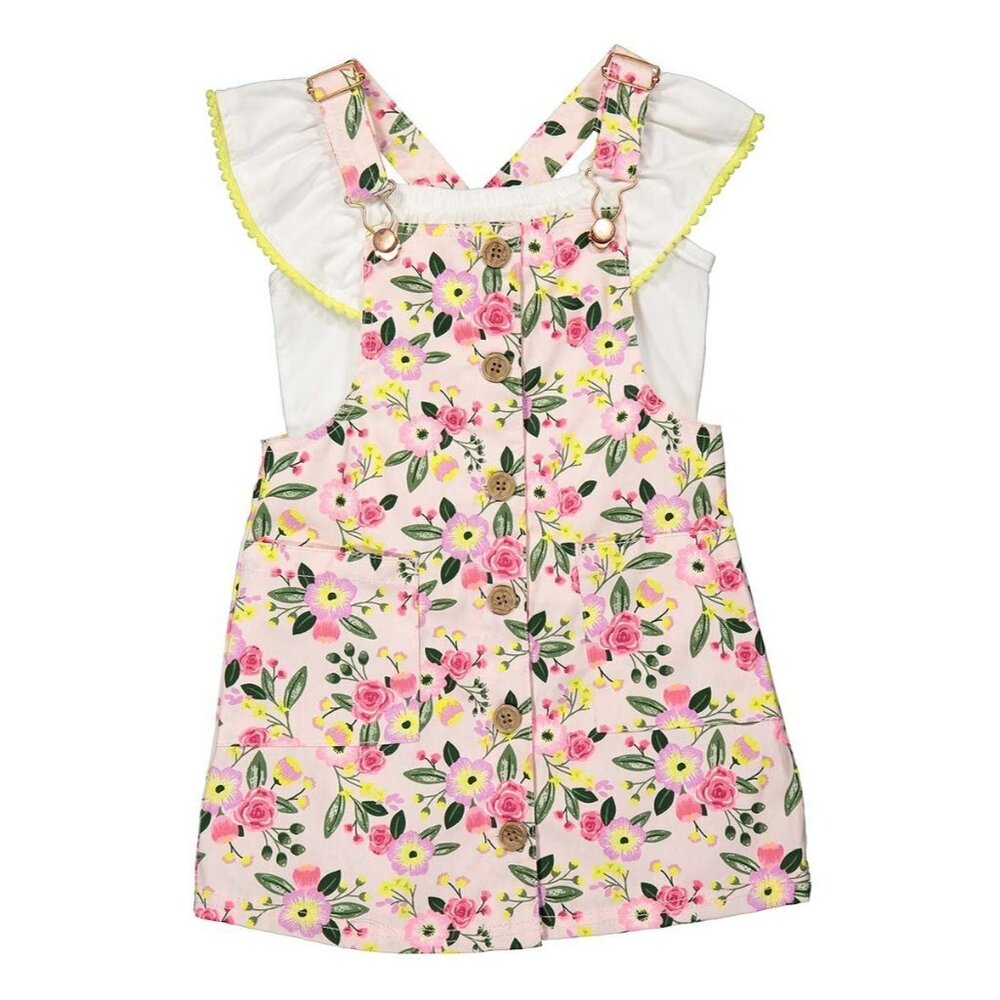 Sunset Sky Girls Floral Cotton Twill Overalls Dress &Blouse SET Size 6 NEW